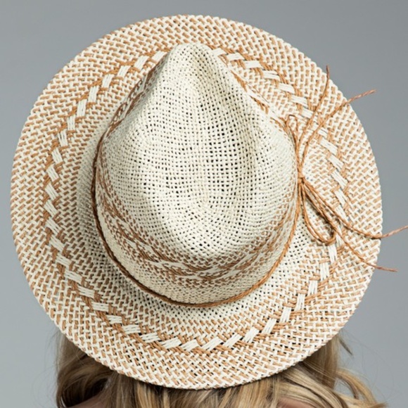 SOLD OUT Handmade Natural & Brown Woven Crisscross Panama Hat - Picture 3 of 5